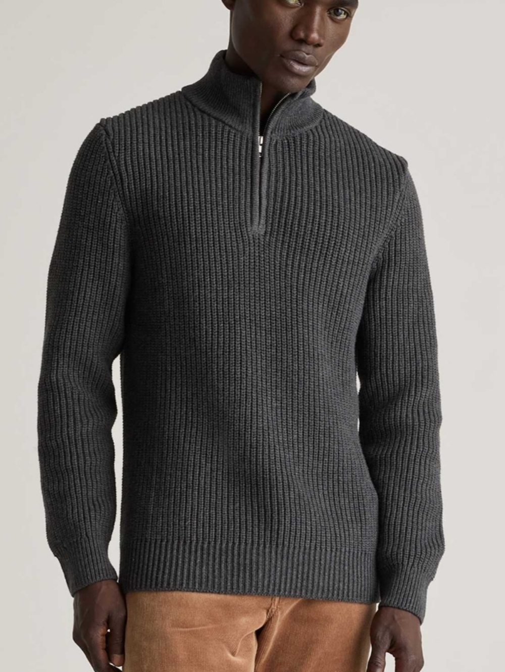Quince Organic Cotton Fisherman Men's Ribbed Quarter-Zip Sweater in Charcoal